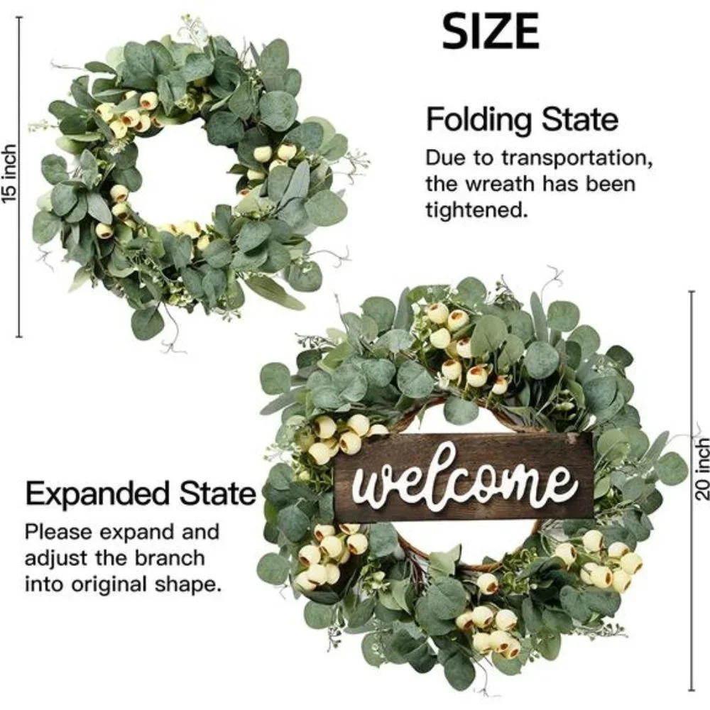 Artificial Eucalyptus  Spring Summer Wreath with White Berries for Front Door_7